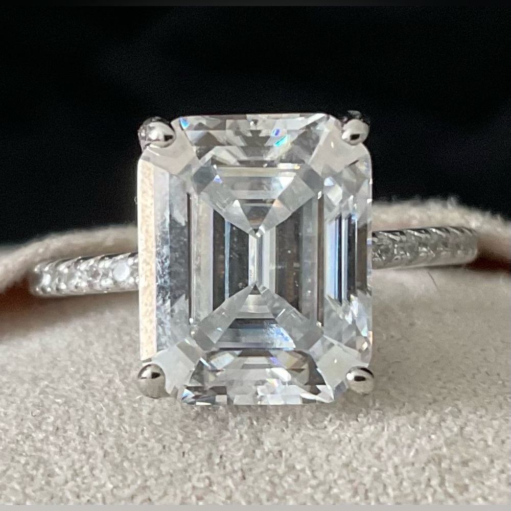 NWT 4 CT Emerald Cut Moissanite Ring, Hidden Halo/Pave Stone Setting, Size 4 3/4